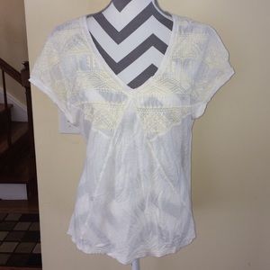 Sun and Shadow white tee with linen embellishment